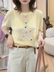 QINGNAER | Embroidered Knitwear Soft Fashionable Round Neck Top