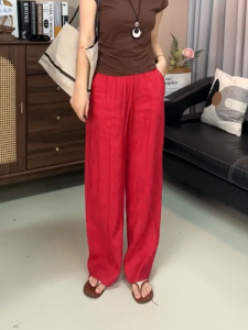 Red High Waist Drawstring Straight Leg Wide Leg Casual Pants Womens Loose Slimming Cool Chic Summer New Style Korean Version