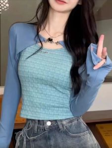 Plus Size Long Sleeve Camisole T-Shirt Womens Autumn Slimming Short Top Solid Color Two-Piece Set