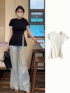 HUOLISI | Black Bow Tie Slit Knitted T-Shirt