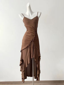 Retro Design Sensual Irregular Tie Waist Slimming Strap Dress Spring Summer New Style Inner Long Skirt for Trendy Girls