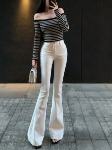 กางเกงยีนส์ทรงขาบานเอวสูงทรงสลิมฟิตสำหรับผู้หญิง กางเกงขายาวทรงขาบานสีขาว ทรงลำลอง ฤดูใบไม้ร่วง 2025