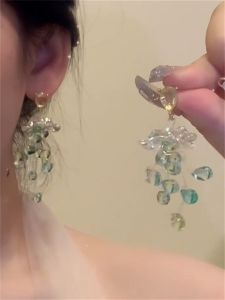 Zoozmini Fresh Crystal Tassel Earrings Women Long S925 Silver Drop Earrings Fashionable Korean Style Alloy Gold Plated