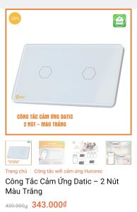 Công tắc cảm ứng Wifi  Datic Hunonic 2 nút điều khiển từ xa qua điện thoại. BH 1 năm. 2 màu ( đen trắng)