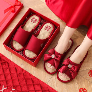 Summer Slippers Wedding Couple Newlyweds Couple Festive Wine Red Accessible Luxury Fancy Bride Dowry Pajamas Slippers