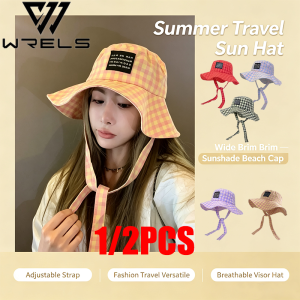 WRELS | 1/2PCS Summer Travel Sun Summer Wide Brim Sunshade Beach Cap Adjustable Strap Fashion Travel Versatile Breathable Visor Hat