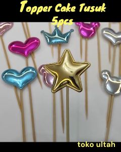 Topper Cake Tusuk Love Bintang Mahkota untuk Hiasan Kue / Cupcake Warna Mix Gold Silver Pink Merah dan Biru