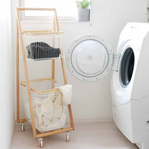Double Layer Wooden Mobile Laundry Hamper Storage Rack