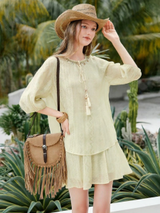 XIANGYING | Bộ Đầm Ngắn In Hình Resort Có Xè