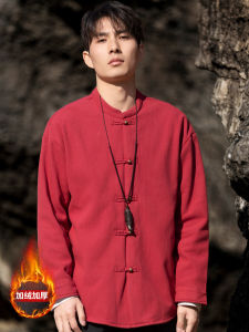 Red Fleece Lined Stand Collar Long Sleeve Mens Shirt Vintage Chinese Style Zhongshan Suit Casual Loose Fit Youth Fashion