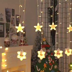 LED Christmas Light Curtain Style Fairy Lights 9.9Ft Santa Claus Socks Christmas Tree Light 8 Modes Plug In Curtain Light Stars Lights For Bedroom Window Indoor Outdoor Party Decor