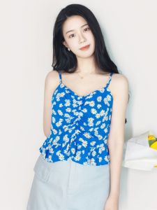 เสื้อกั๊กสายเดี่ยวพิมพ์ลายดอกเดซี่สีน้ำเงิน ทรงเข้ารูป ทรงเข้ารูป แขนสั้น ผ้าฝ้ายผสม PU สำหรับผู้หญิงวัย 18-24 ปี