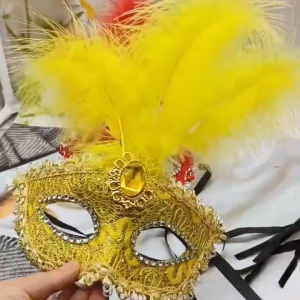 Black Feather Venetian Mask Rhinestones Flower Half Face Masquerade Party Women