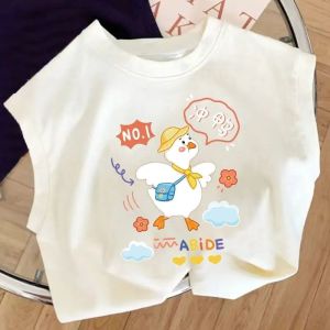 Pure Cotton Light Beige Sleeveless Vest T-Shirt Childrens Summer New Cartoon Little Duck Boys Loose Top Babys Clothing
