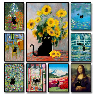 Funny Black Cat Monet Van Gogh Artwork Jigsaw Puzzle 1000Pieces Stress Relief Puzzle Wall Art Decor Gift