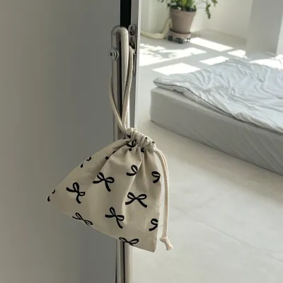 Korean Style Butterfly Knot Drawstring Small Bag Sanitary Pads Cosmetic Storage Bag Travel Organizer Cotton Cubic Multi-purpose