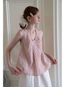 Áo Vest Kẻ Caro EGGKA Cho Nữ Mùa Hè Mới Rộng Rãi Thoải Mái Cổ Chữ V Tay Ngắn Chất Liệu Polyester Phong Cách Hàn Quốc