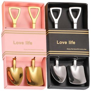 3Pcs Stainless Steel Shovel Spoons Coffee Tea Spoon Ice Cream Dessert Fruit Party Scoop Kitchen Tableware Decor Cutlery Set Cute Shovel Shaped Spoon(NO BOX)