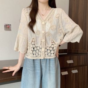 AIYITI | Lace Floral Hollow Out Plus Size Flattering Short Sleeve Blouse