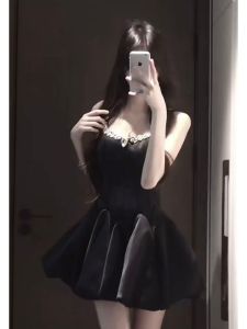 French Luxurious Diamond Embedded Puffy Dress Black Elegant Adult Ceremony Dress A-Line Silhouette Gathered Waist Strapless