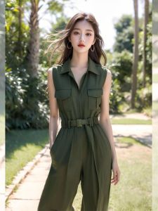 Formal High-Cold Lady Style One-Piece Green Summer Womens Clothing Sleeveless Jumpsuit Commute High Waist Straight Leg Pants
