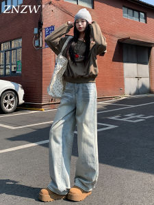 High Waist Light Blue Distressed Washed Denim Pants Womens Loose Wide Leg Straight Cut Trousers Autumn New Style ZNZW