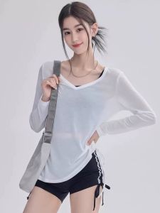 V-Neck Slimming Corded Loose Fitness Long Sleeve T-shirt
