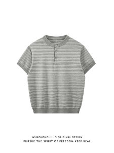 WUKONGYOUHUO | Áo Thun Cổ Henley Sọc Phong Cách Đường Phố Retro