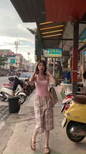 ❣Fortunee ❣ เสื้อกล้ามสายเดี่ยวแบบคล้องคอ สีชมพู ฤดูร้อน กระชับหุ่นเพรียว เหมาะเป็นเสื้อตัวใน เรียบหรูสีพื้น