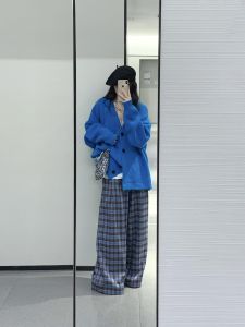 Blue Plaid Wide Leg Pants Womens High Waist Extra Long Drapey Casual Slimming Floor-Length Trousers Korean Style Commute