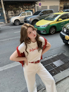 Herwear plus Size Double Color Flocking Letter Print Shoulder T-Shirt Womens Design Sensation Top Fashion Commute Style Cotton Blend Short Sleeve round Neck