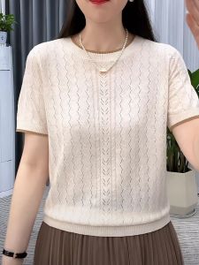 Large Size Womens Hollow out Ice Silk Knitted Short Sleeve T-Shirt Summer New Style Loose Fit Belly Covering Thin Top