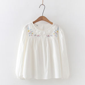 เสื้อเชิ้ตแขนยาวปักลายดอกไม้คอปกสดใสสวยหวานสไตล์โมริเกิร์ลเสื้อเชิ้ตขาวสวมหัวผู้หญิงนักเรียนใส่ช่วงฤดูใบไม้ผลิและฤดูใบไม้ร่วง