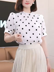 QINGNAER | Plus Size French Style Polka Dot Peter Pan Collar Short Sleeve Blouse