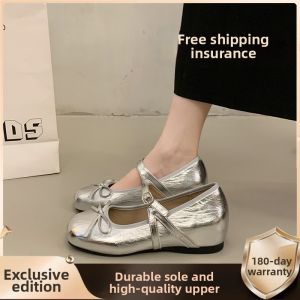 XUJIA | Silver Bow Heel Lift Ballet Mary Janes