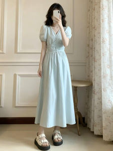 NIUVIES | Đầm Maxi Tay Ngắn Cổ V Màu Xanh Pháp