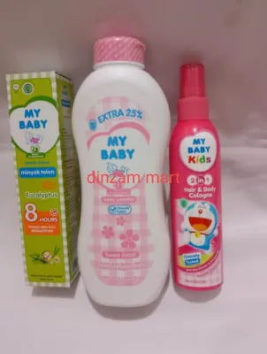 paket my baby bedak 90 g+minyak telon 90 ml+ baby colagne 100 ml pink / biru ( bedak random