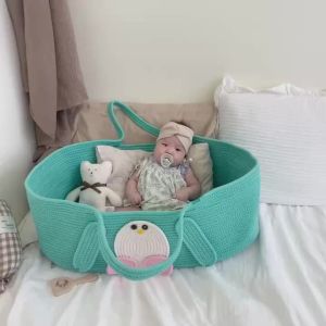 Cotton Rope Woven Baby Moses Basket With Handle Baby Diaper Changing Portable Bed Cartoon Penguin Hand Basket