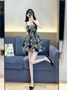 Summer 2024 Womens A-Line Dress Princess Style Print High Waist Sculpture Embroidery French Vintage Slim Fit Belted Gown