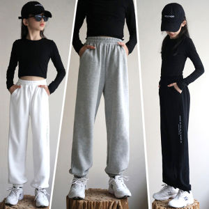 Girls Fleece Lined Sport Pants Spring Autumn High Waist Trousers for Middle Large Children Students Black White Casual Joggers