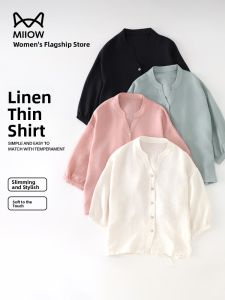 Miiow | Artistic Linen Casual Shirt Loose Fit Thin Spring Summer Catman White V Neck Versatile Outdoor Wear Sun Protection Coat