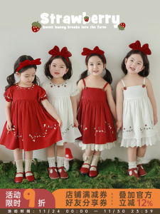 Lolita Princess Series Summer Strawberry Embroidery Dress Ruffle Belted Sun Hat Childrens Clothing Cotton Blend Fabric