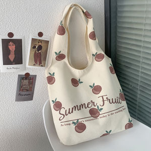Korean Style Canvas Shoulder Bag Womens Summer Trendy Large Capacity Handbag Student Casual Fruit Pattern Printed Bag