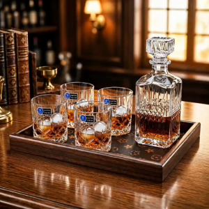 Bộ Bình Rượu Whiskey Pha Lê Tapered Diamond 4 Ly Kèm Khay Gỗ Cao Cấp - Quà Tặng Tân Gia Sang Trọng