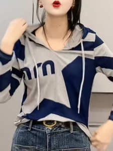 Áo Thun Nữ Dài Tay in Chữ Thời Trang Xuân Thu Áo Hoodie Màu Tương Phản Phong Cách Hàn Quốc Che Giấu Mỡ
