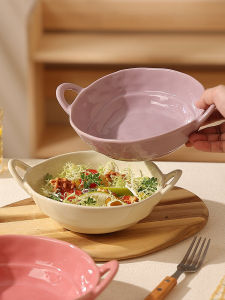 Ceramic Double Ear Bowl Breakfast Oats Yogurt Salad Bowl Student Home Use Spiral Rice Noodles Soup Bowl Dormitory Utility