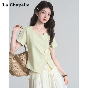 La Chapelle | Ruffled Slit Design Sense Apricot Round Neck Short Sleeve Fitted T-Shirt