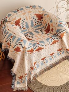 ผ้าคลุมโซฟาสไตล์โบฮีเมียน สไตล์อเมริกัน ผ้าคลุมเก้าอี้แบบหนึ่งชิ้น ป้องกันฝุ่น เย็บจากผ้าฝ้ายผสม พิมพ์ลายเรขาคณิต