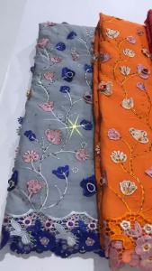 African Cotton Lace Fabric Orange Embroidery Stones Guipure Lace High Quality Swiss Voile Lace For Women Wedding Party Dress