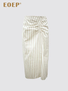 กระโปรงทรงพู่เอวสูงสไตล์เรียบง่าย กระโปรงทรงเข็มสีลายทางยาวปานกลาง ผ้าฝ้าย กระโปรงทำงาน